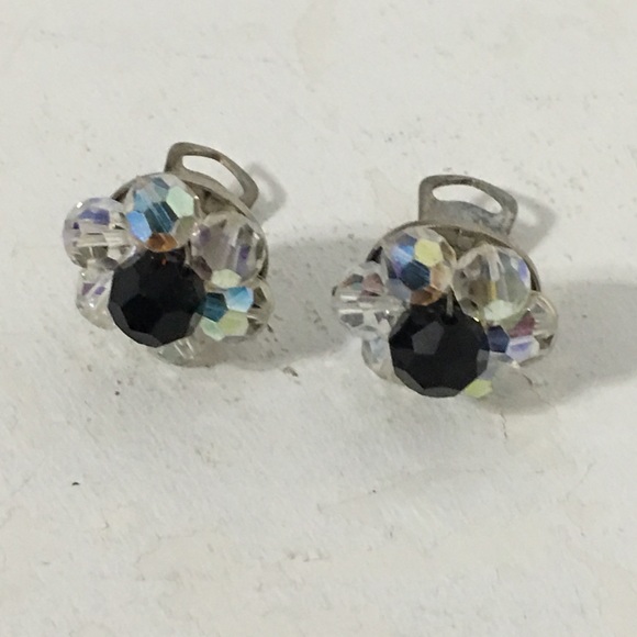 Vintage Clear AB Black Beaded Clip Earrings - Picture 1 of 8